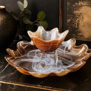 Art Glass Chips & Dip Bowl Set Amber White Swirl Recycled Spain 13”